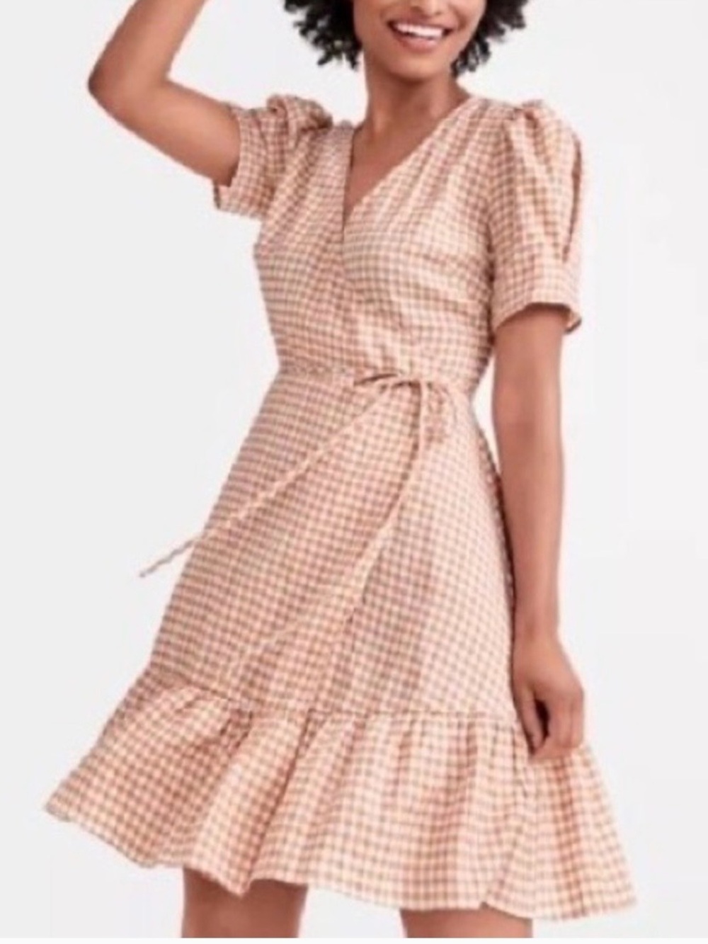 LOFT Beige and White Gingham Mini Wrap Dress Ruffle hem  sz 6